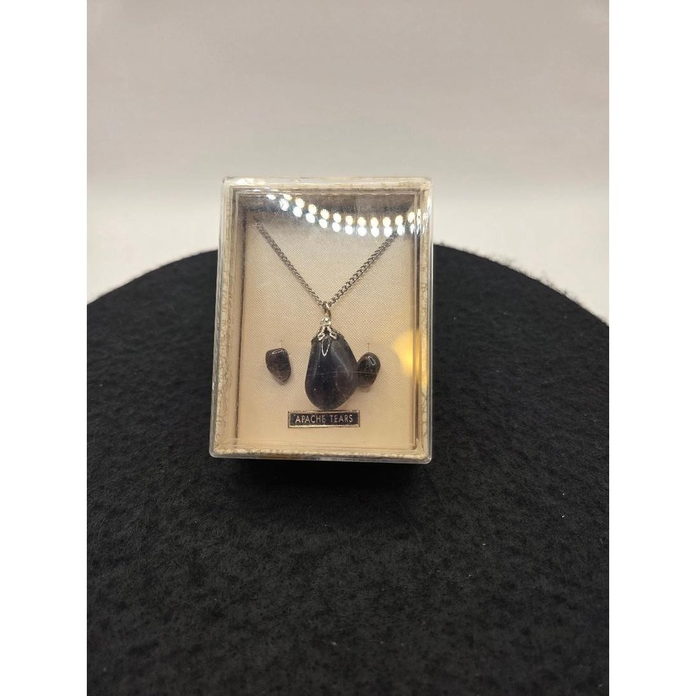 Vintage Apache Tears Jewelry Set Pendant Necklace & Earrings Boxed Obsidian